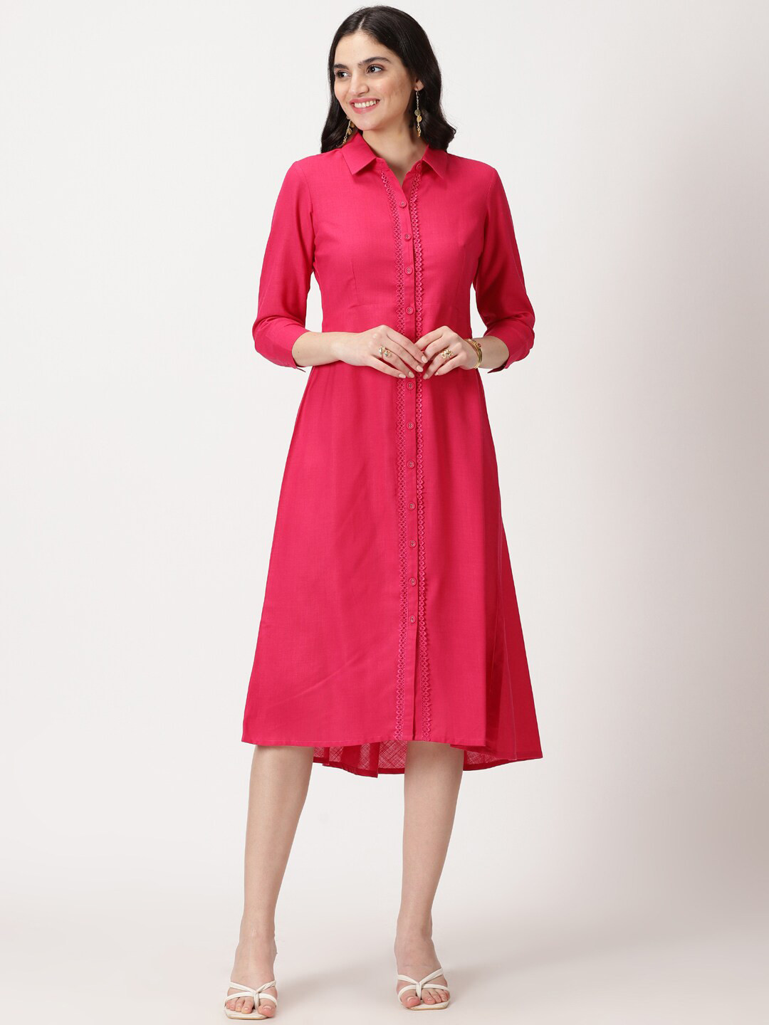 Saffron Threads Lace Placket Shirt Midi Dress