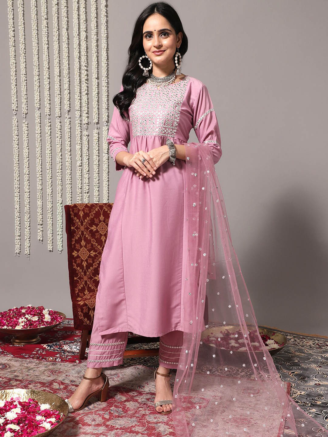 Varanga Ethnic Motifs Yoke Design Mirror Work Straight Kurta With Trousers & Dupatta