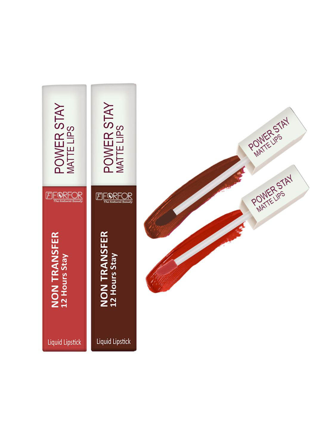 FORFOR Power Stay Set Of 2 Liquid Matte Lipstick -5ml Each-Candy Red 01-Cocoa Brown 16