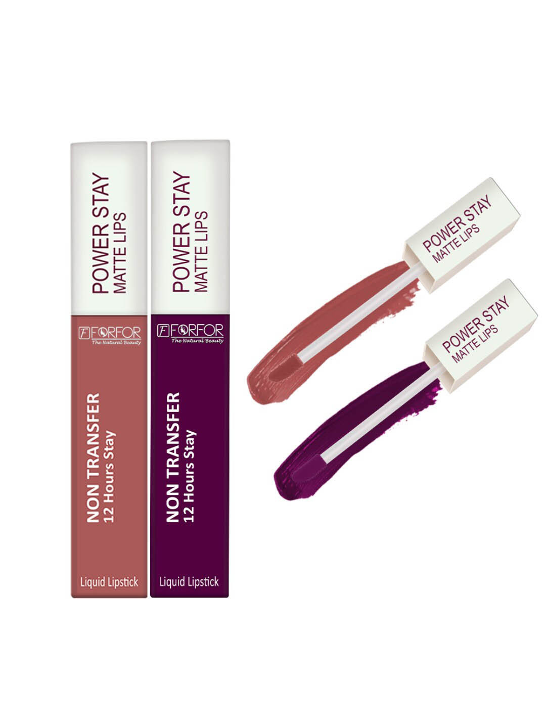 FORFOR Power Stay Set Of 2 Liquid Matte Lipstick -5ml Each-Sandy Nude 21-Berry Wine 03
