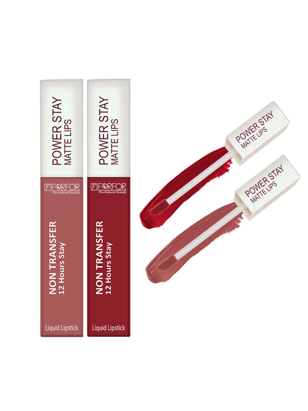 FORFOR Power Stay Set Of 2 Liquid Matte Lipstick -5ml Each-Sandy Nude 21-Peppy Red 22