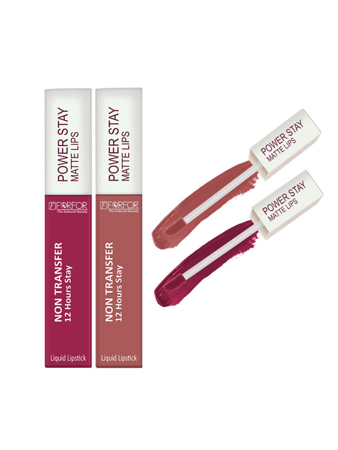 FORFOR Power Stay Set Of 2 Liquid Matte Lipstick -5ml Each-Pink Blush 10-Sandy Nude 21