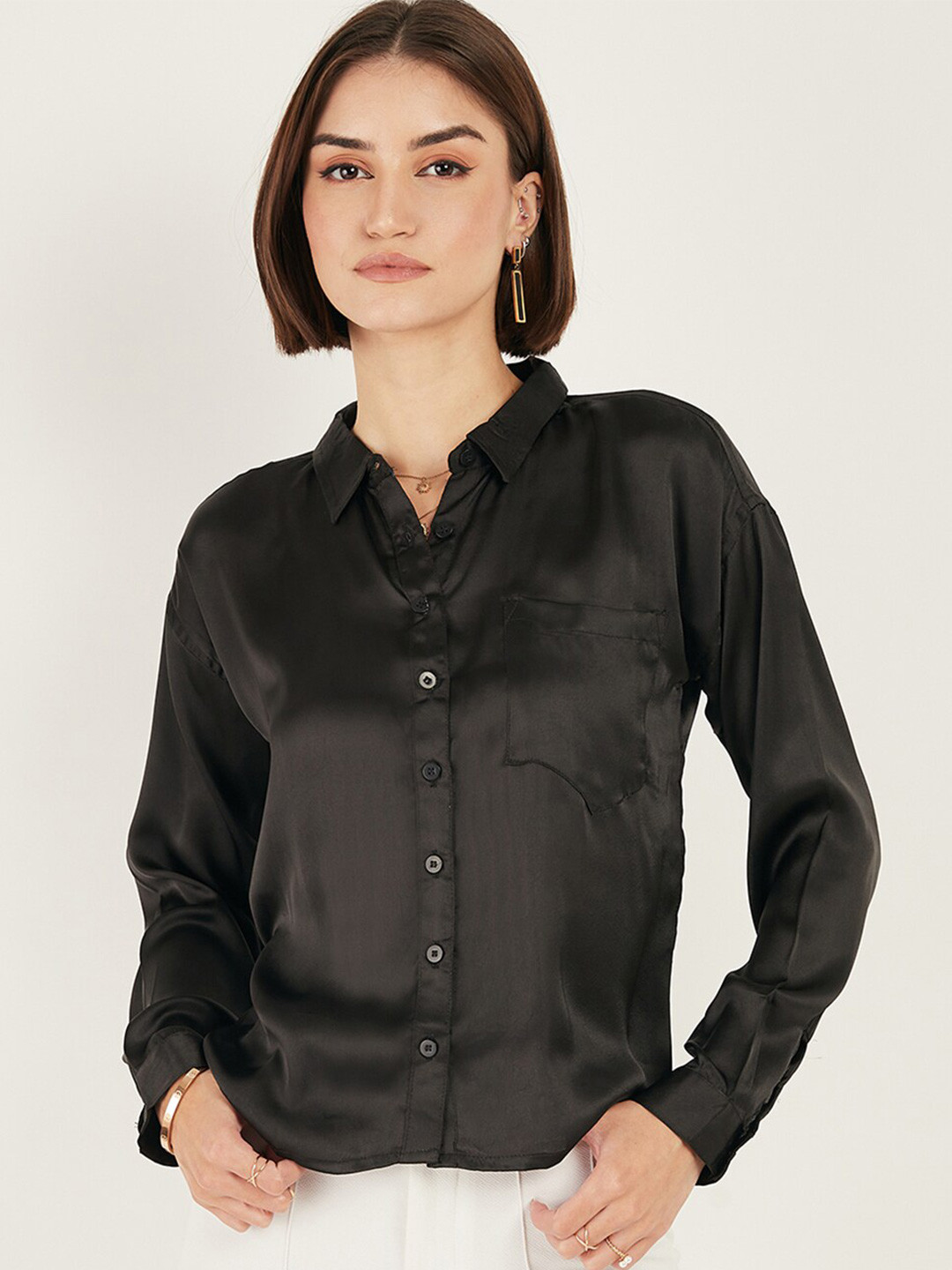 DressBerry Black Opaque Satin Casual Shirt