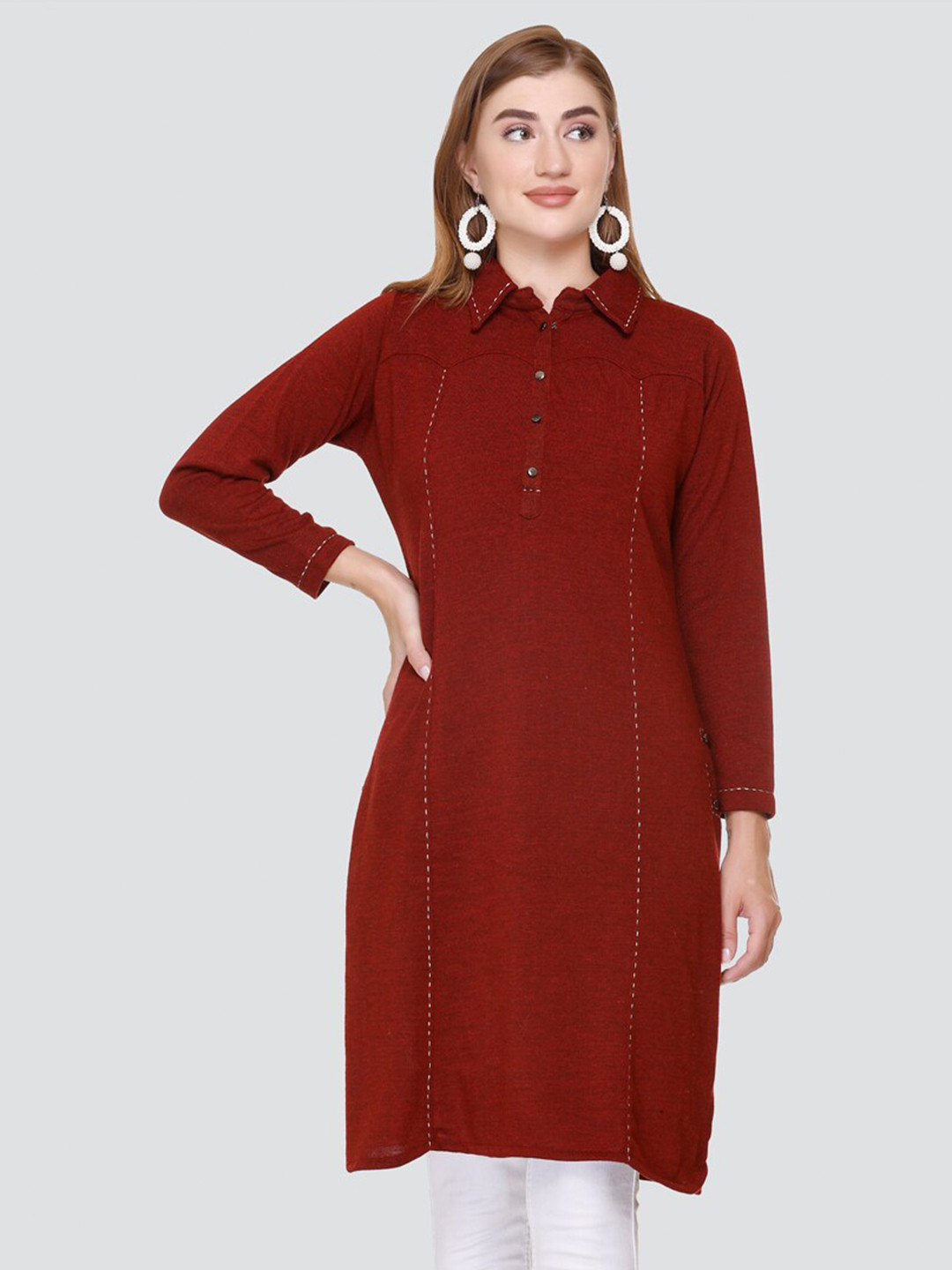 Elthia Shirt Collar Acrylic Woollen Straight Kurta