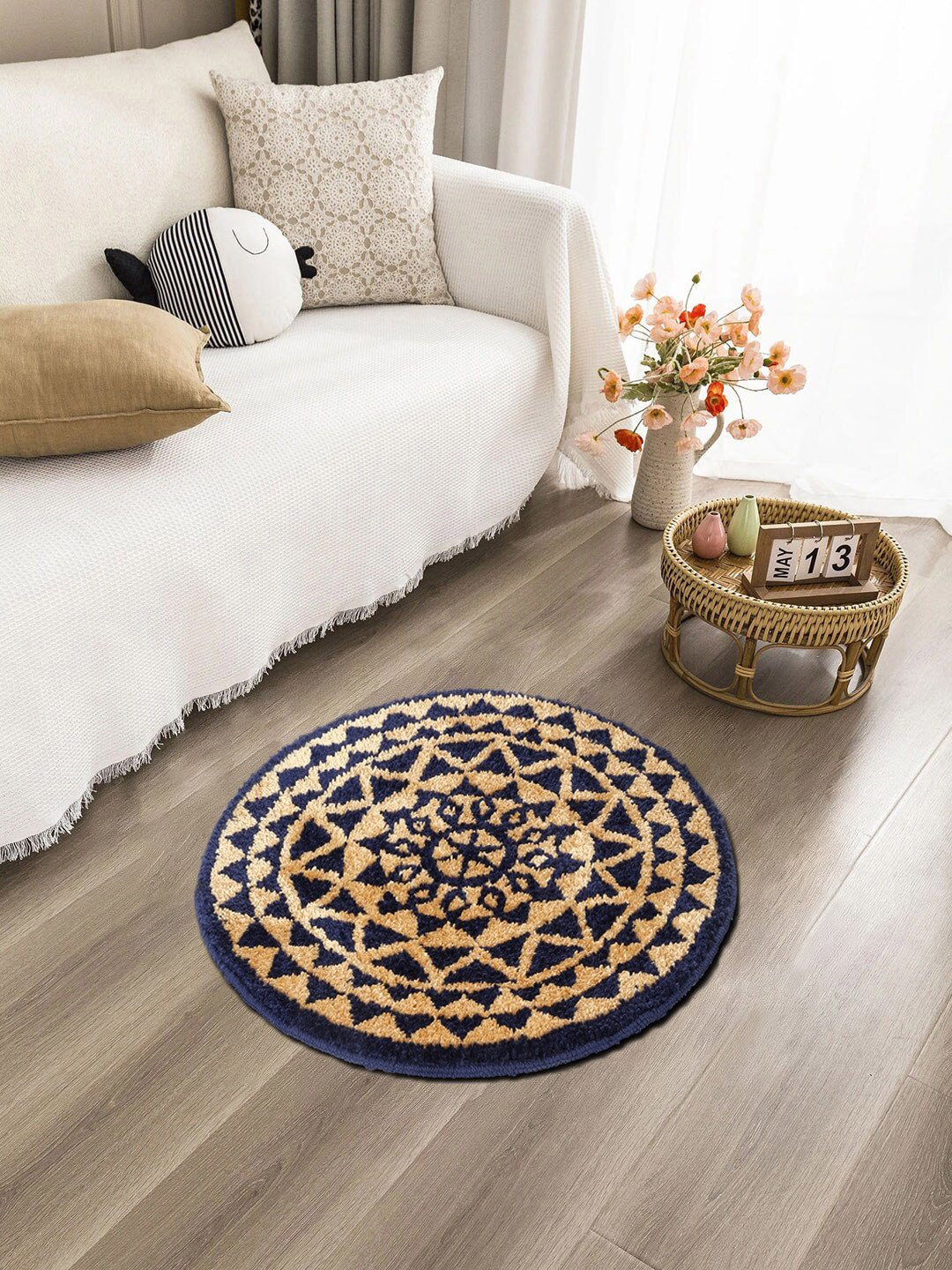 FABINALIV Navy Blue & Brown Geometric Printed Anti-Skid Round Floor Mat