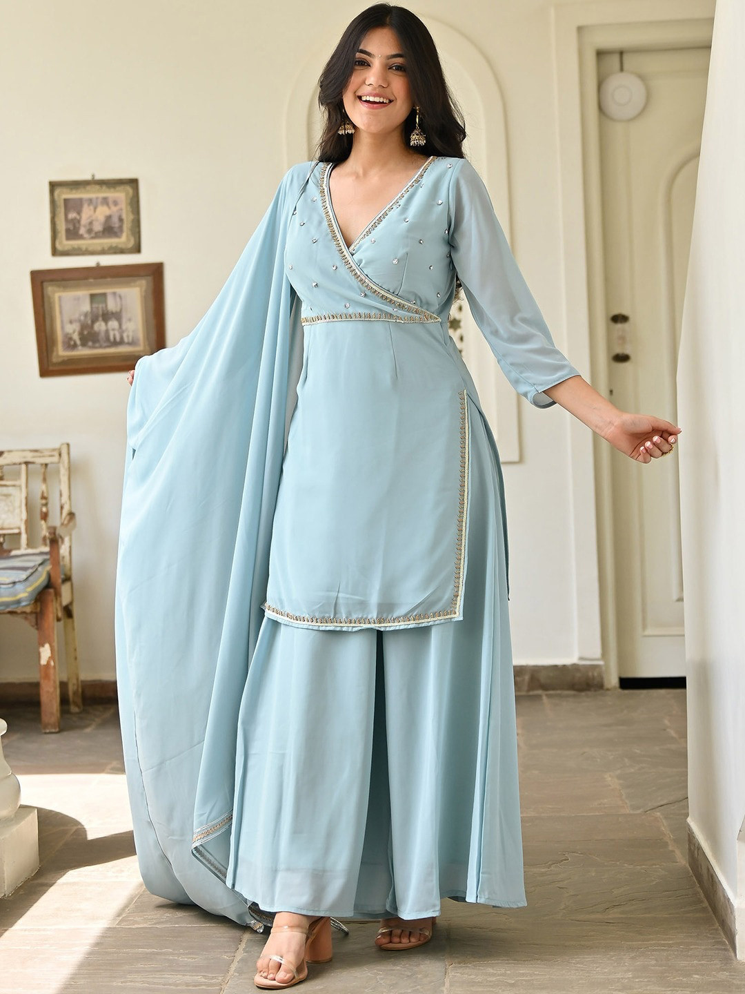 Lavanya The Label Yoke Design Angrakha Beads And Stones Kurta With Sharara & Dupatta