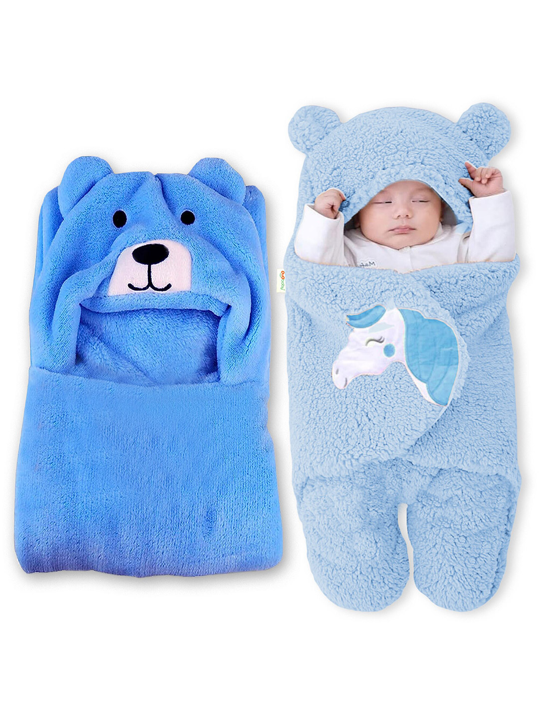 OyO Baby Infants Kids Blue 2 Pieces Bear & Unicorn 300 GSM Ac Room Baby Blankets