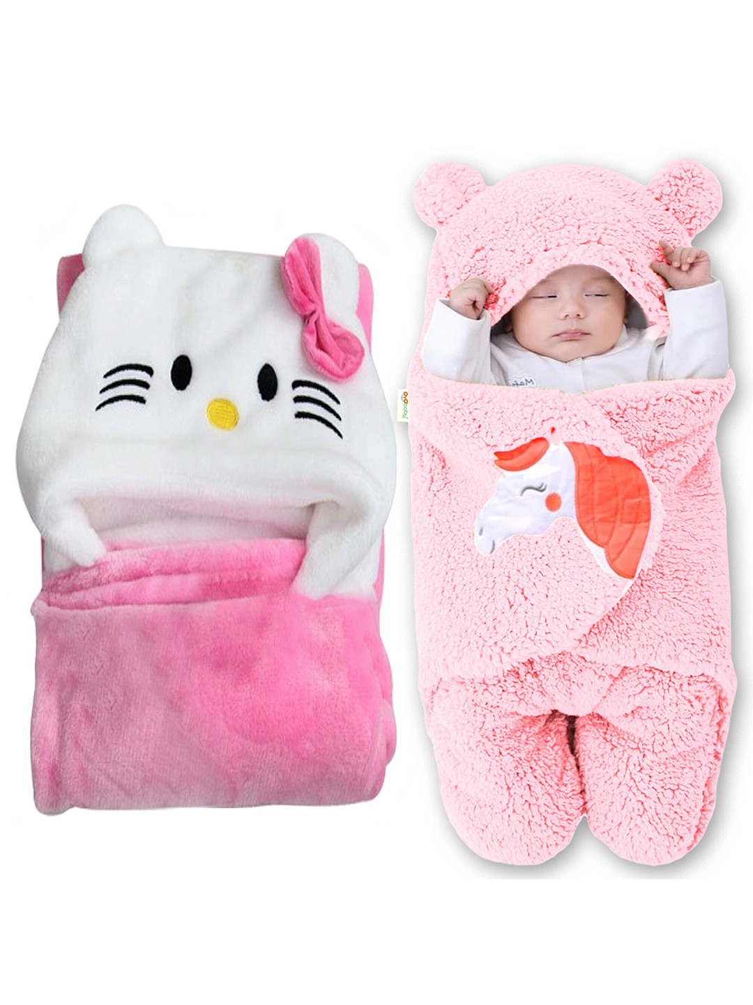 OyO Baby Infants Kids Pink & White 2 Pieces Kitty & Unicorn AC Room Baby Blanket