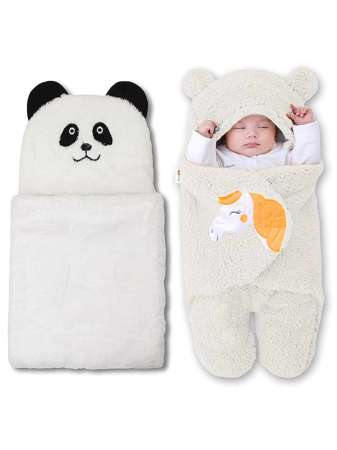 OyO Baby Infants Kids Off White 2 Pieces Panda & Unicorn 300GSM Ac Room Baby Blanket