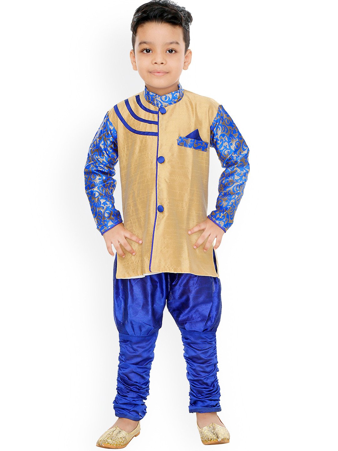 BAESD Boys Woven Design Mandarin Collar Sherwani With Jodhpuri Pants