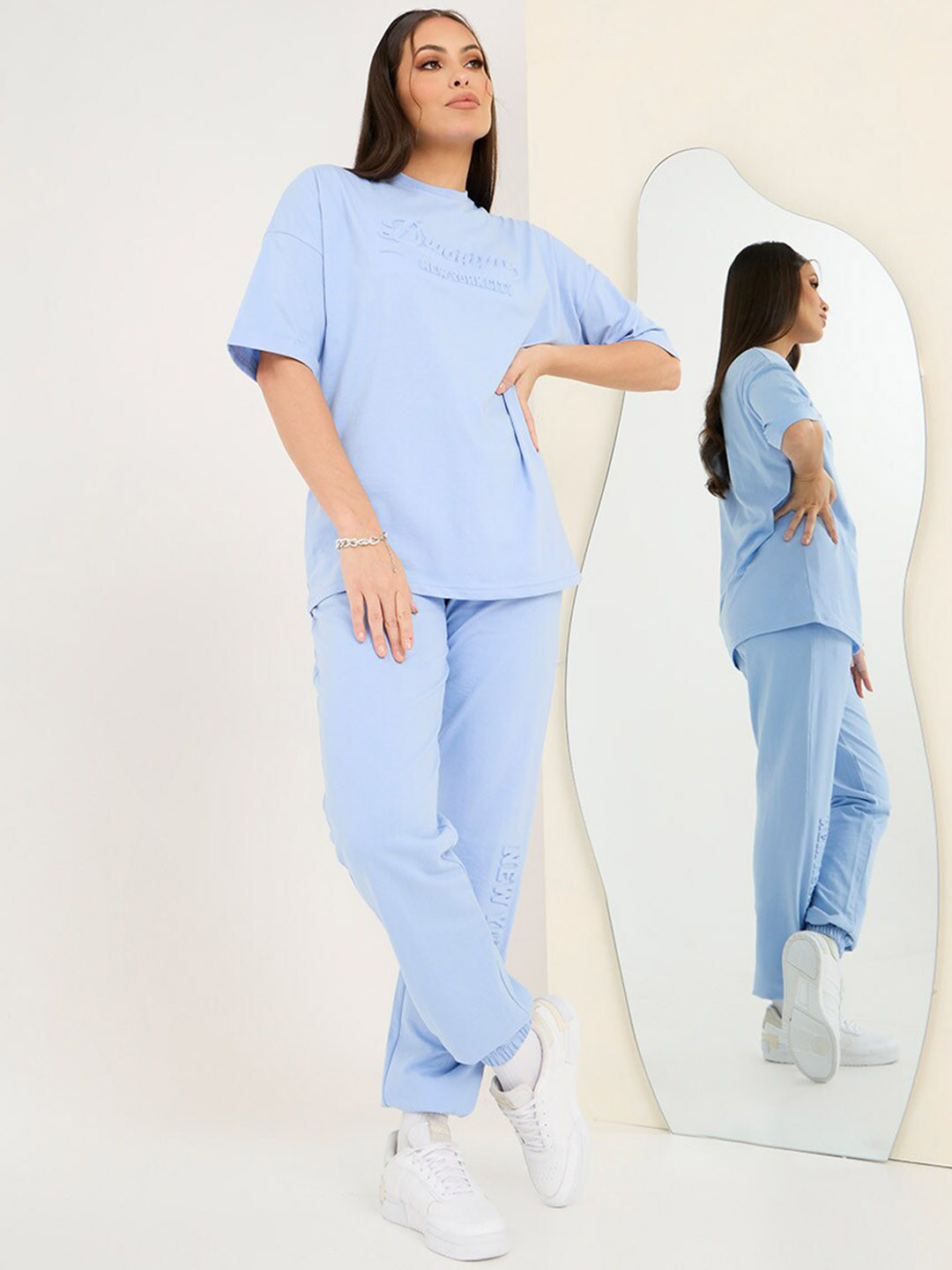 Styli Typography Embossed Printed Oversized T-Shirt With Joggers