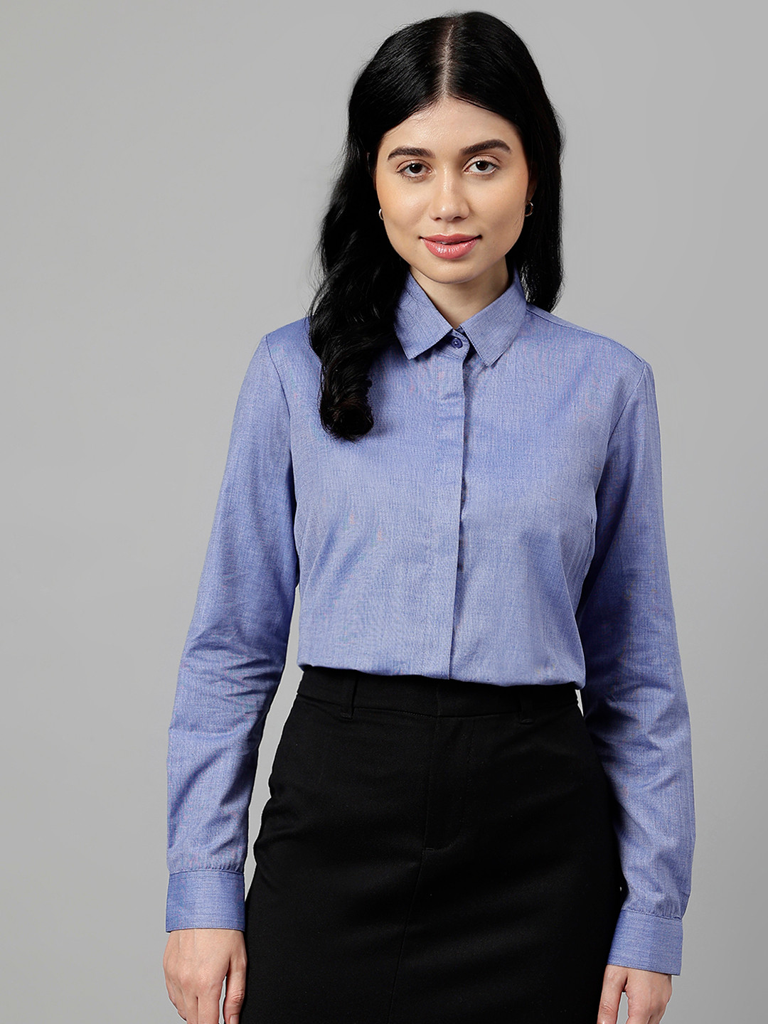 English Navy Standard Spread Collar Concealed Button Placket Cotton Formal Shirt