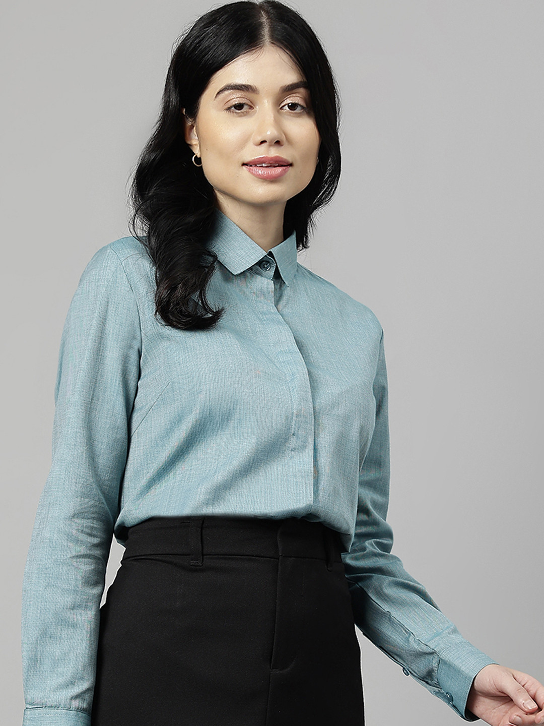 English Navy Standard Spread Collar Concealed Button Placket Cotton Formal Shirt