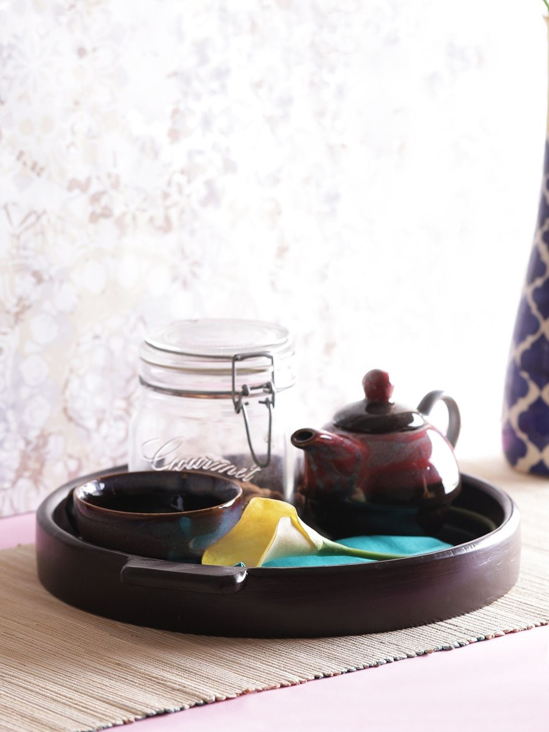 VarEesha Brown Solid Handcrafted Wooden Round Tray with Handles