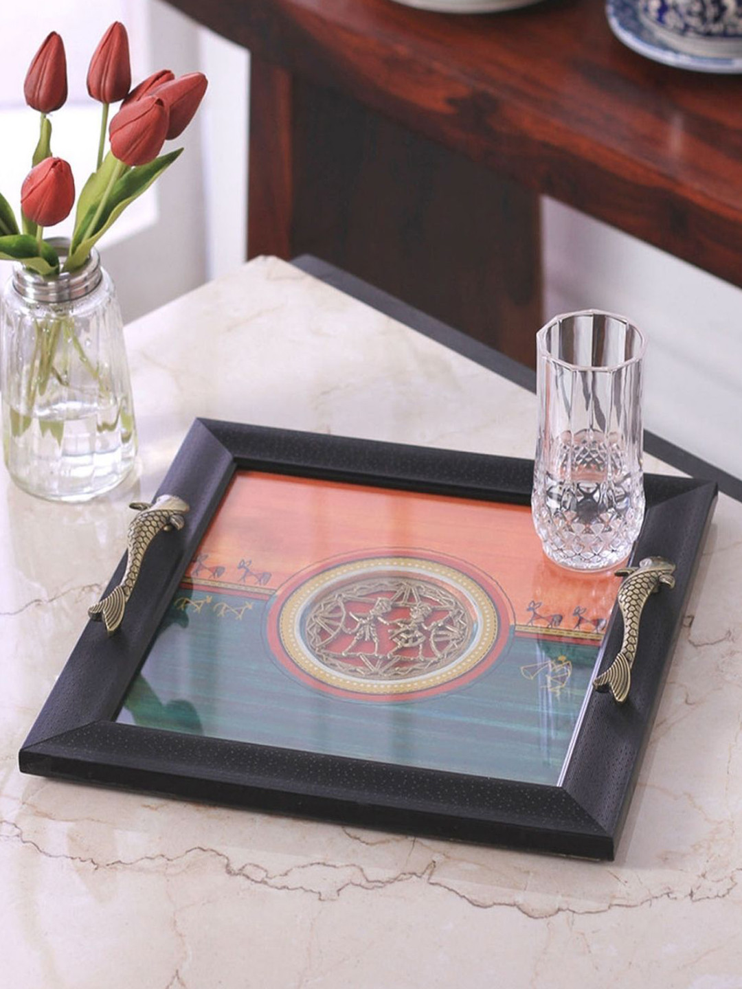 VarEesha Multicoloured Warli Art Hand-Painted Rectangluar Tray