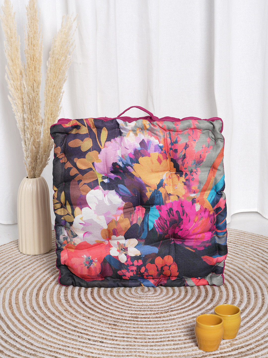 BLANC9 Pink & Blue Floral Printed Printed Square Floor Cushion