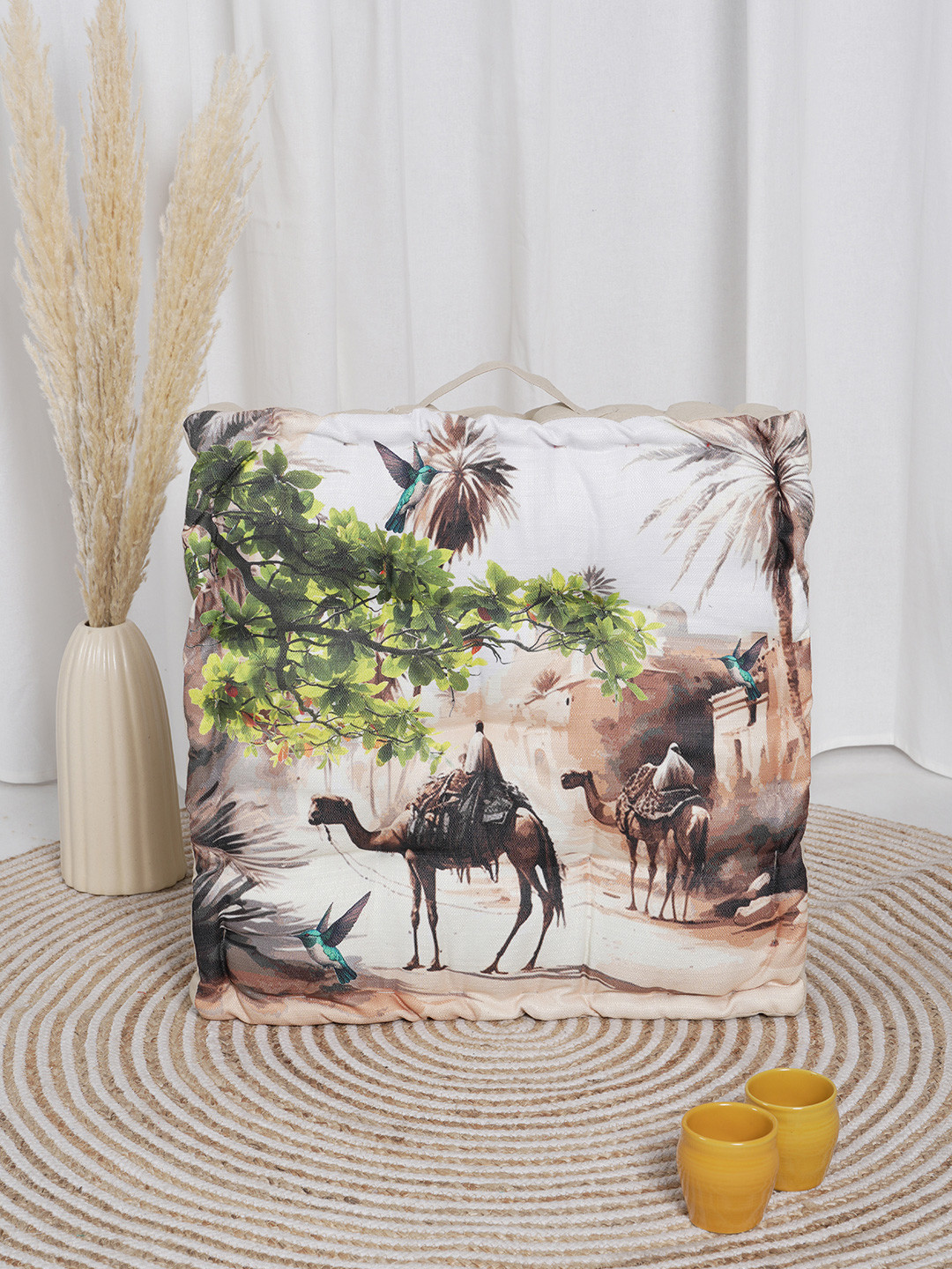 BLANC9 Beige & White Camel Printed Square Floor Cushion