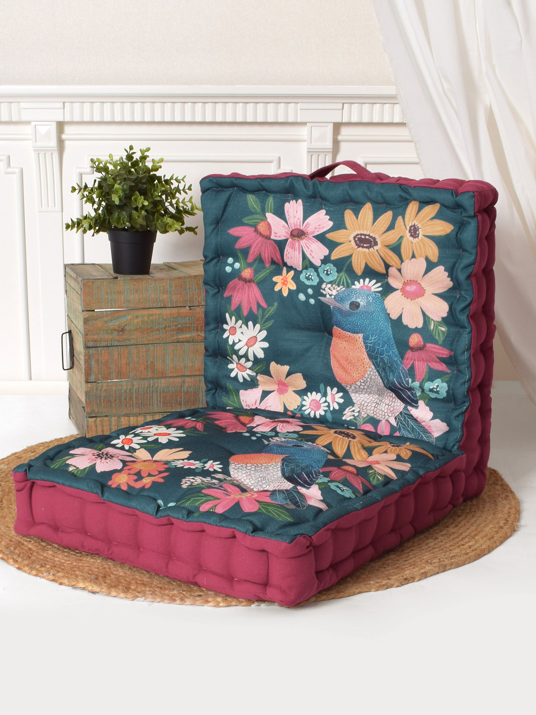 BLANC9 Burgundy & Blue 2 Pieces Floral Printed Floor Cushions