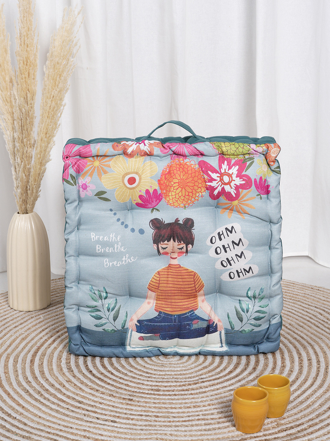 BLANC9 Blue & Orange 2 Pieces Meditating Girl Printed Floor Cushions