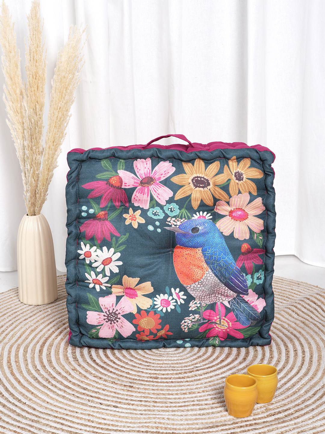 BLANC9 Blue & Burgundy Floral Printed Square Floor Cushion