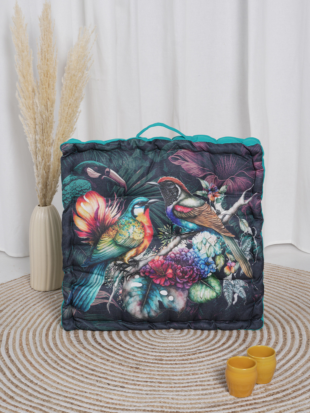 BLANC9 Turquoise Blue & Navy Blue Birds Printed Floor Cushion