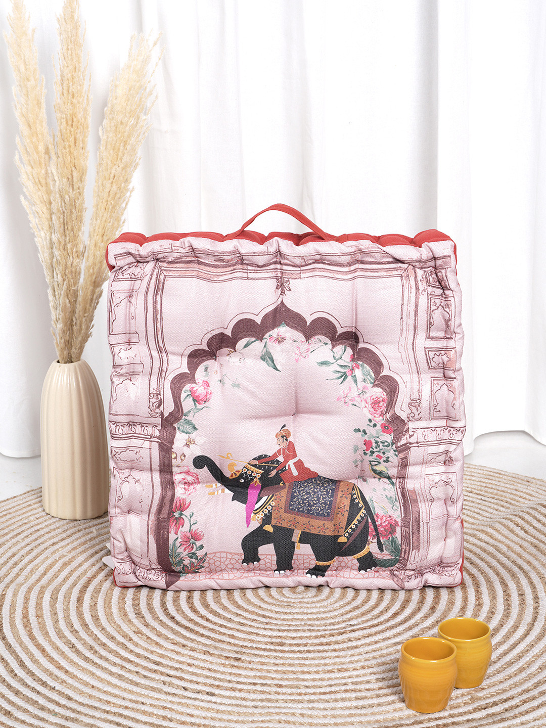 BLANC9 Pink & Rust Orange Elephant Printed Square Floor Cushion