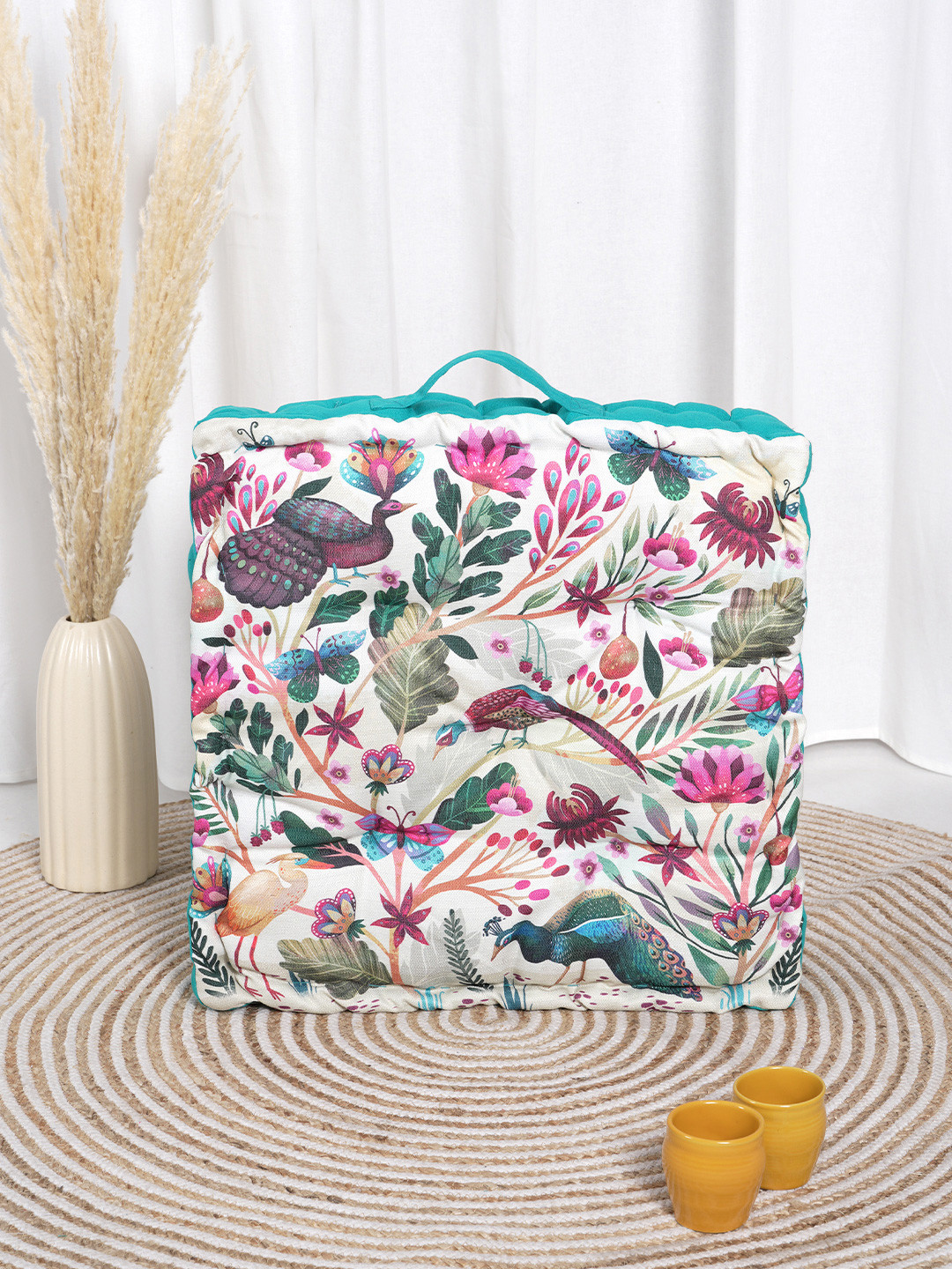 BLANC9 Turquoise Blue & White Floral Printed Floor Cushion