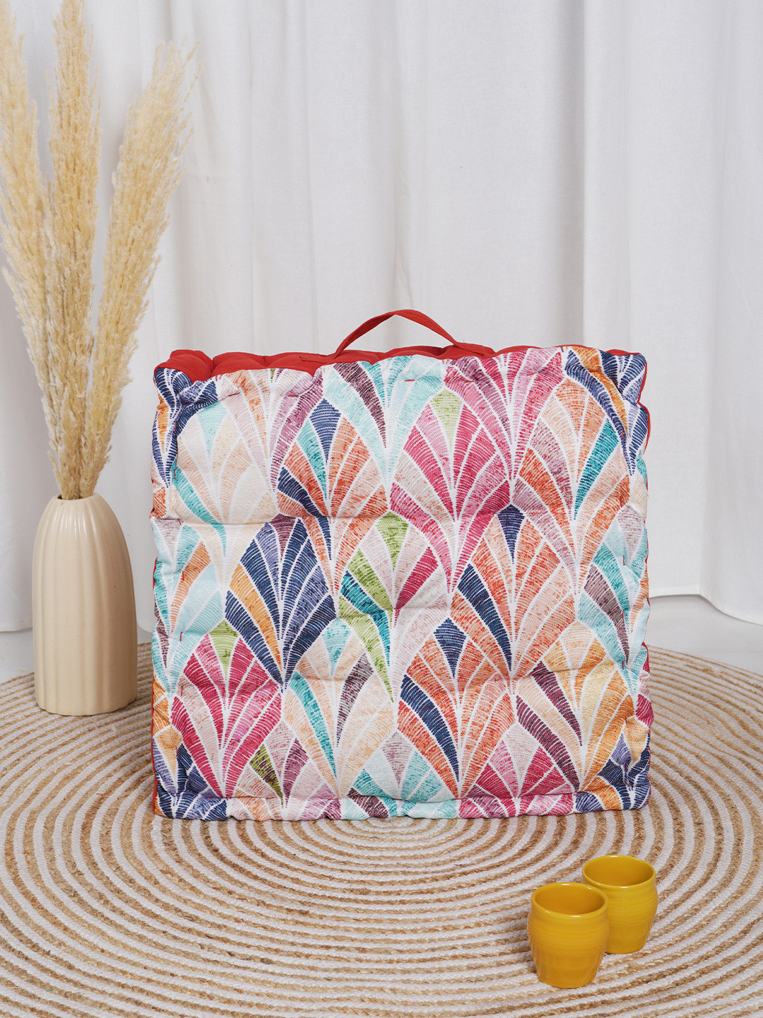 BLANC9 2-Pcs White & Rust Orange Printed Square Floor Cushions