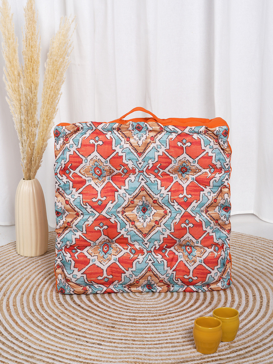 BLANC9 Blue & Orange Meditating Girl Printed Square Floor Cushion