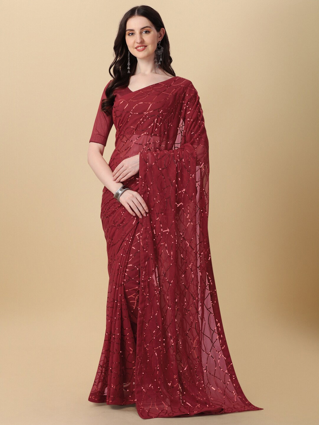 Buy Mitera Maroon Embellished Sequined Pure Georgette Saree Sarees for Women 25061678 Myntra