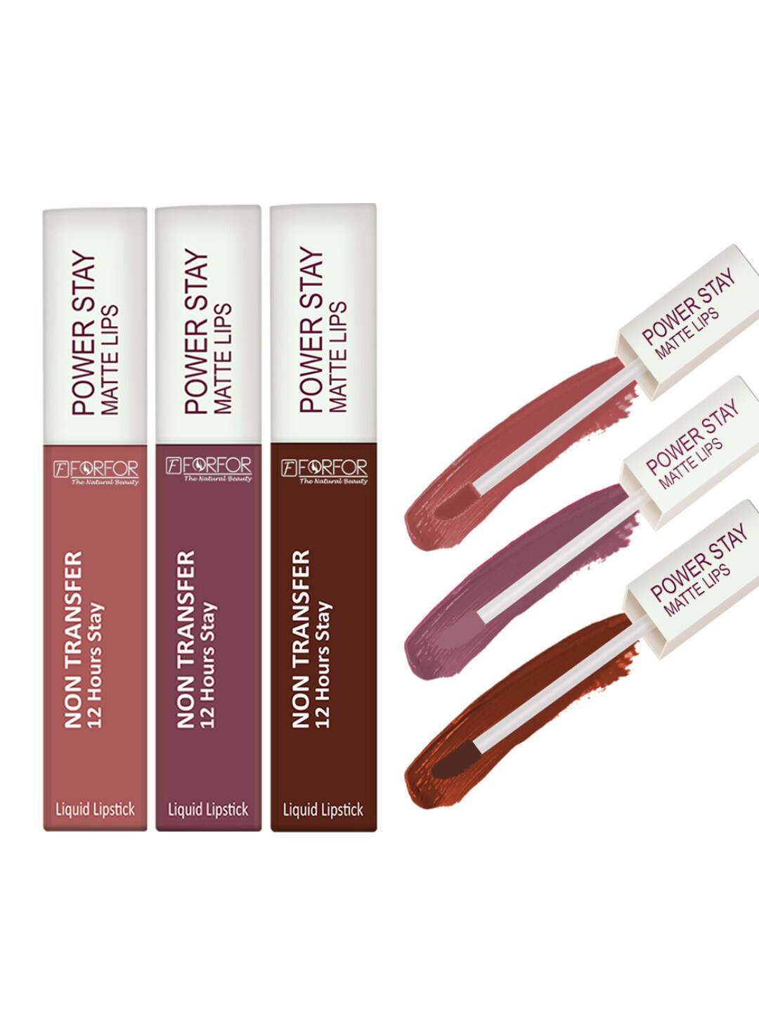 FORFOR Power Stay Set Of 3 Liquid Matte Lipstick-5ml Each-CocoaBrown-Mauve Matte-SandyNude