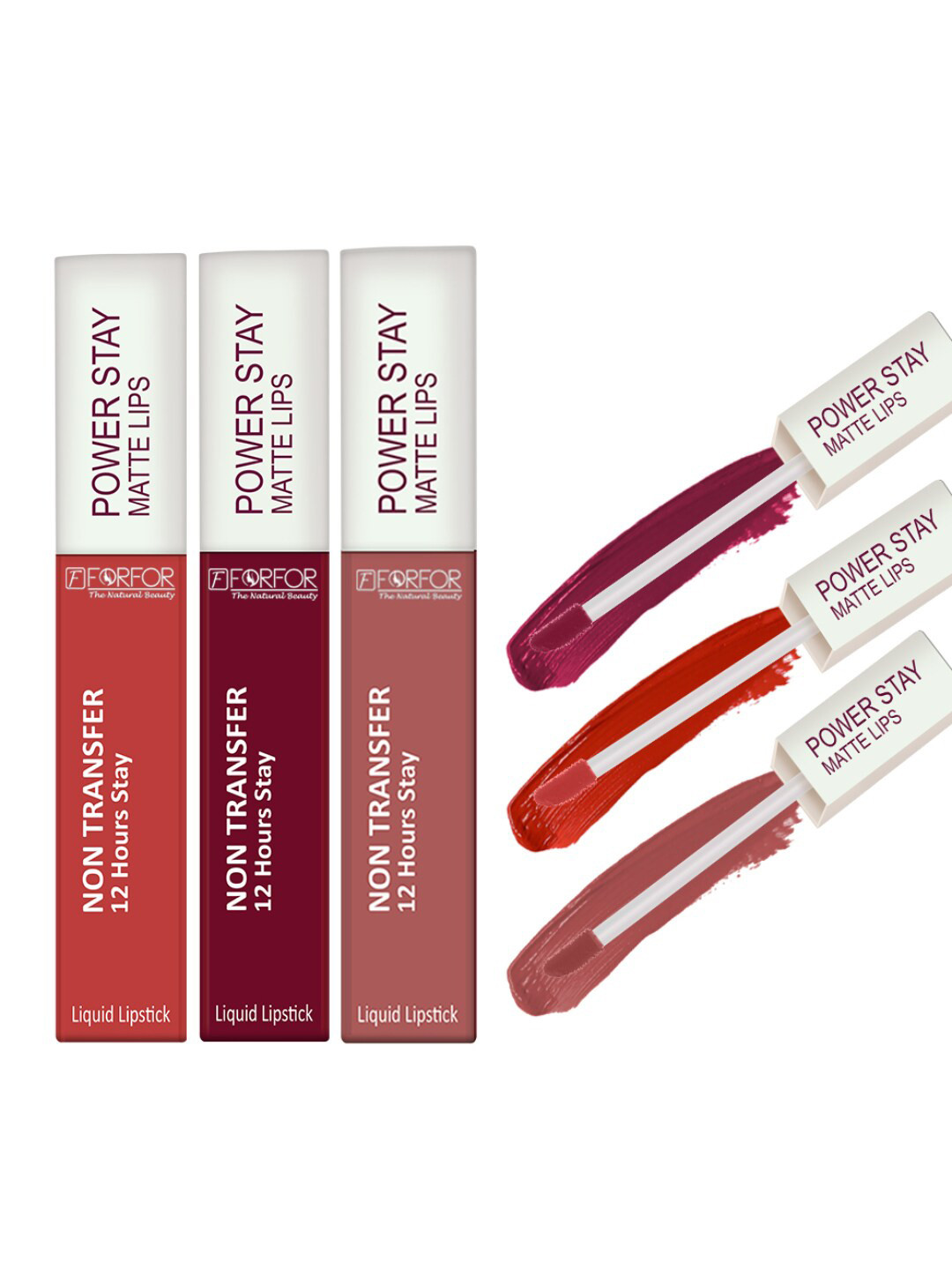 FORFOR Power Stay Set Of 3 Liquid Matte Lipstick-5ml Each-CandyRed-Bridal Maroon,SandyNude