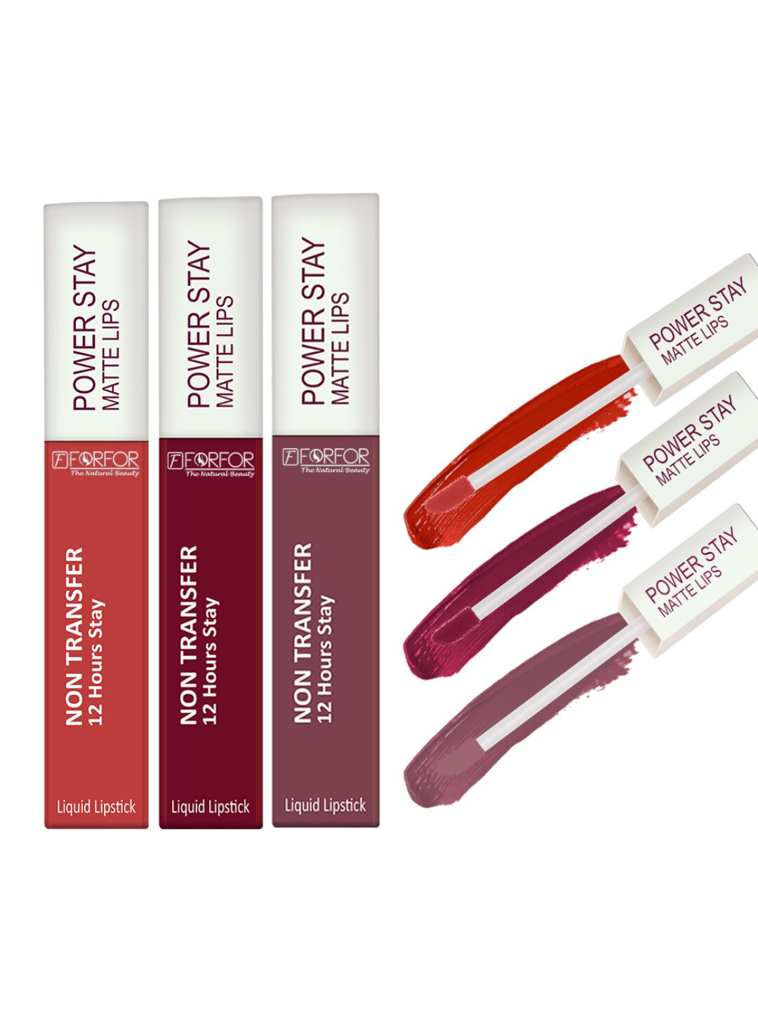 FORFOR Power Stay Set Of 3 Liquid Matte Lipstick-5ml Each-CandyRed-BridalMaroon-MauveMatte