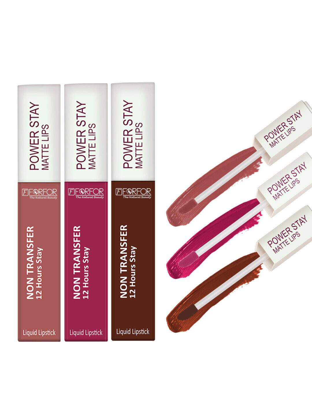FORFOR Power Stay Set Of 3 Liquid Matte Lipstick-5mlEach-Pink Blush-Cocoa Brown-SandyNude