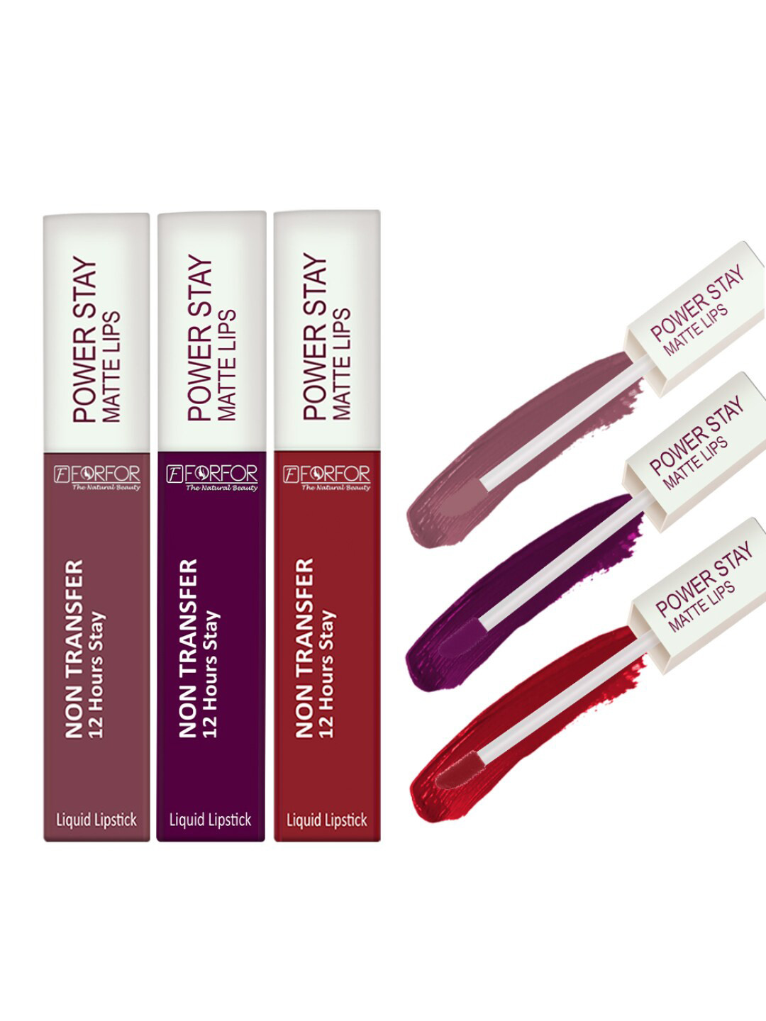 FORFOR Power Stay Set Of 3 Liquid Matte Lipstick-5ml Each-Berry Wine-Peppy Red-Mauve Matte