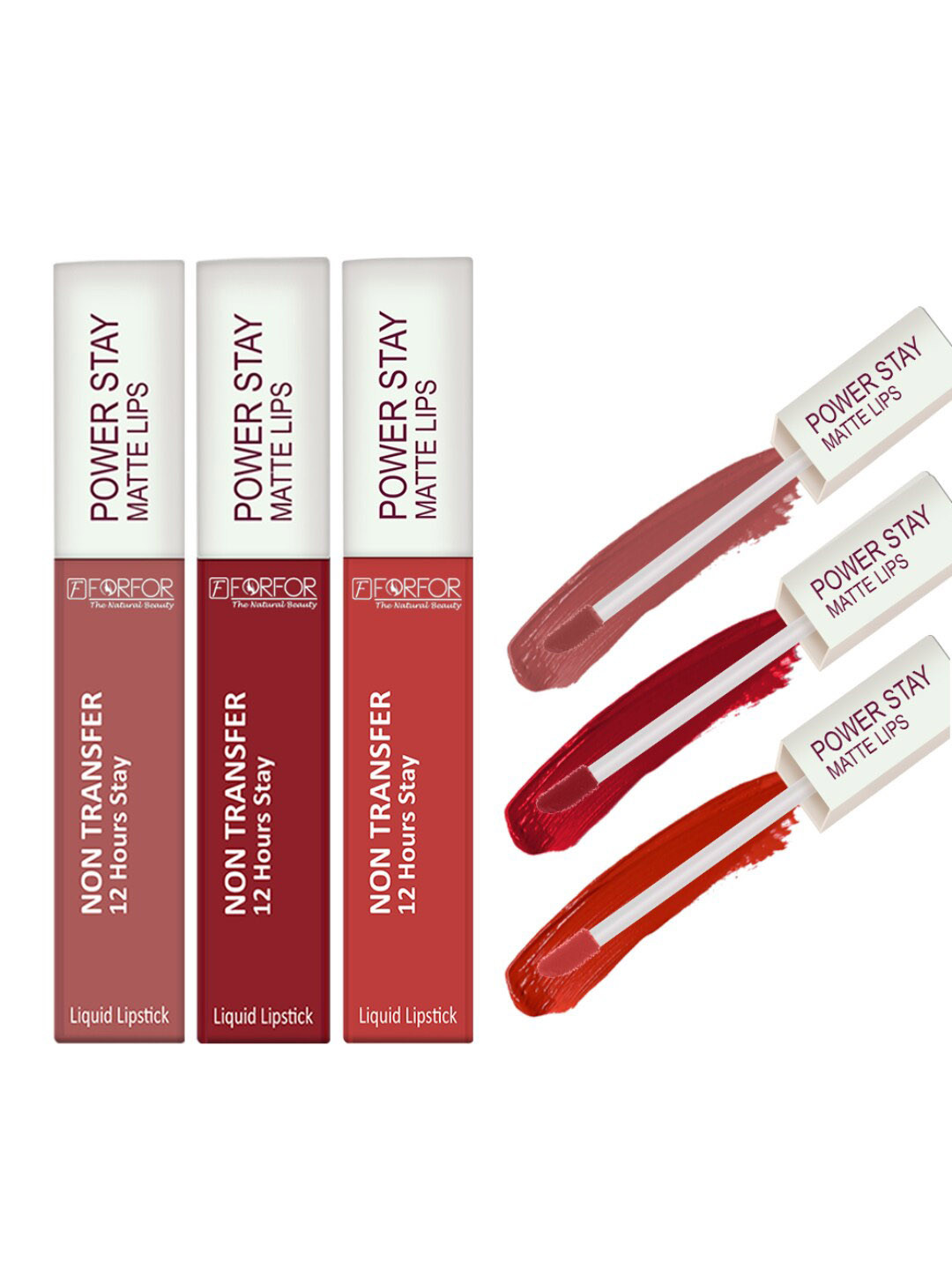 FORFOR Power Stay Set Of 3 Liquid Matte Lipstick-5ml Each-Sandy Nude-Peppy Red-Candy Red