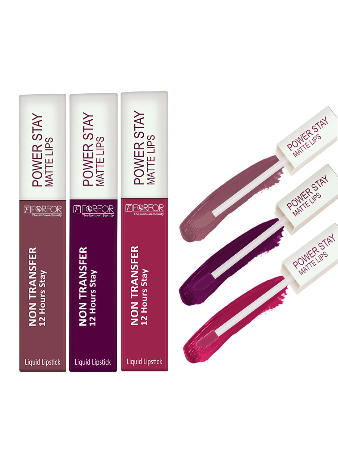 FORFOR Power Stay Set Of 3 Liquid Matte Lipstick-5ml Each-Berry Wine-Pink Blush-Peppy Red