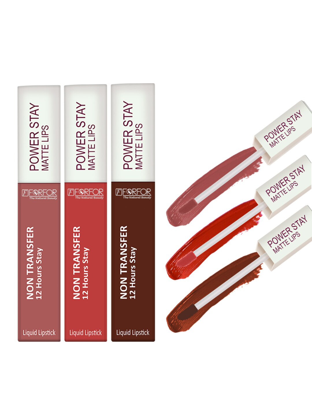 FORFOR Power Stay Set Of 3 Liquid Matte Lipstick-5ml Each-Cocoa Brown-Sandy Nude-Candy Red