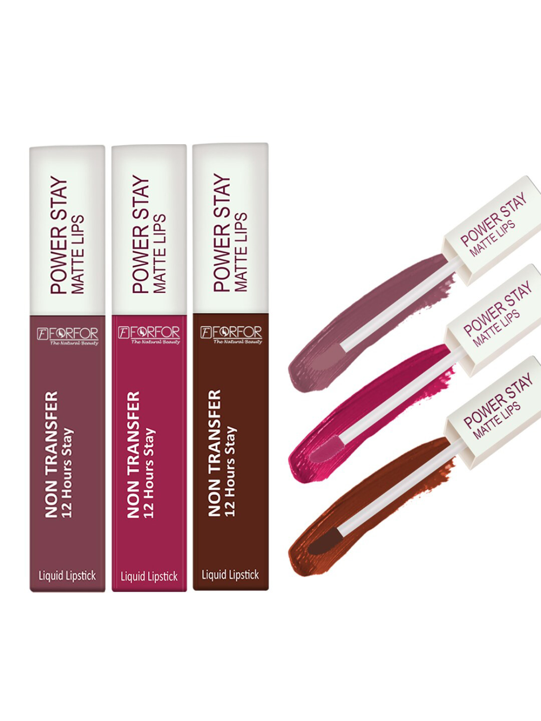 FORFOR Power Stay Set Of 3 Liquid Matte Lipstick-5mlEach-Pink Blush-Cocoa Brown-MauveMatte