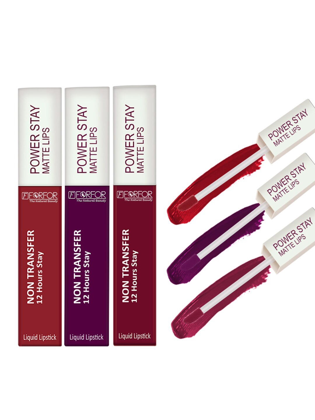FORFOR Set Of 3 Power Stay Liquid Matte Lipsticks - Berry Wine+Bridal Maroon+Peppy Red