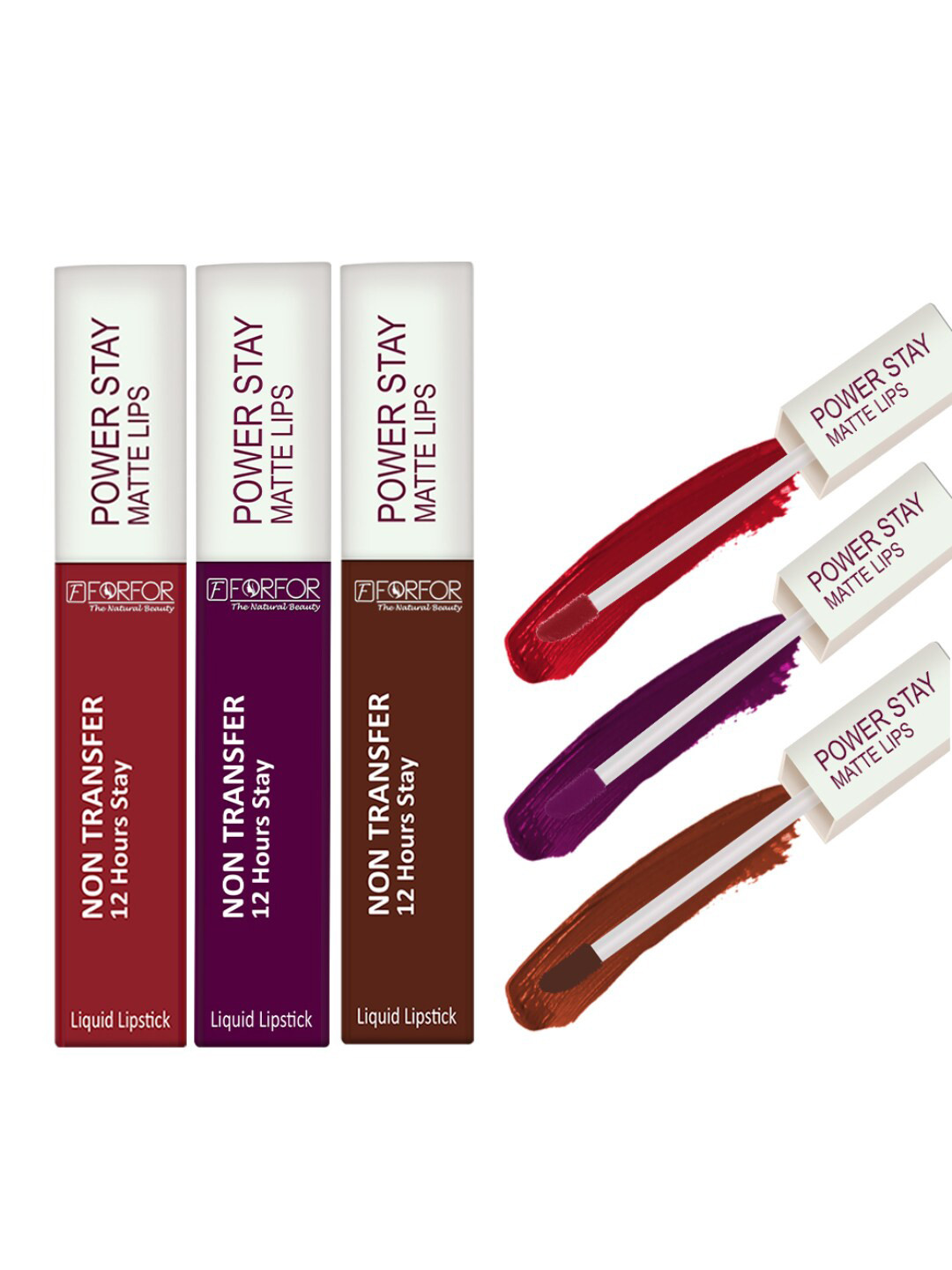 FORFOR Set Of 3 Power Stay Liquid Matte Lipsticks - Berry Wine+Cocoa Brown+Peppy Red