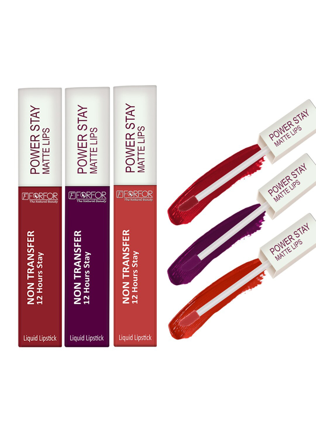 FORFOR Set Of 3 Power Stay Liquid Matte Lipsticks - Candy Red+Berry Wine+Peppy Red