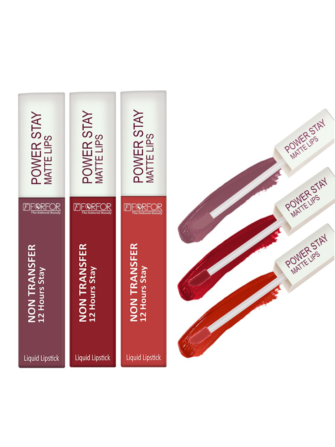 FORFOR Set Of 3 Power Stay Liquid Matte Lipsticks - Peppy Red+Mauve Matte+Candy Red
