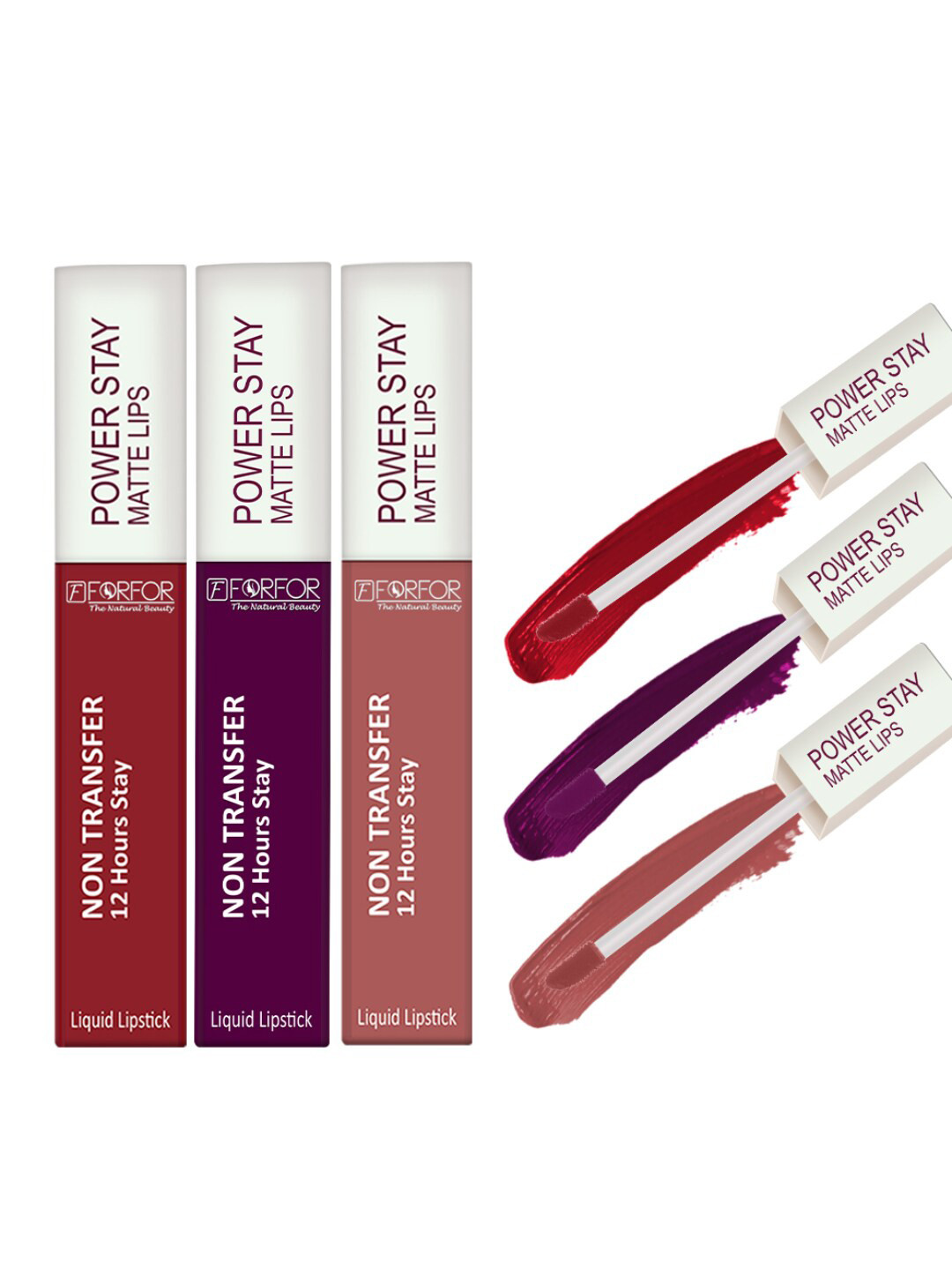 FORFOR Set Of 3 Power Stay Liquid Matte Lipsticks - Berry Wine+Sandy Nude+Peppy Red