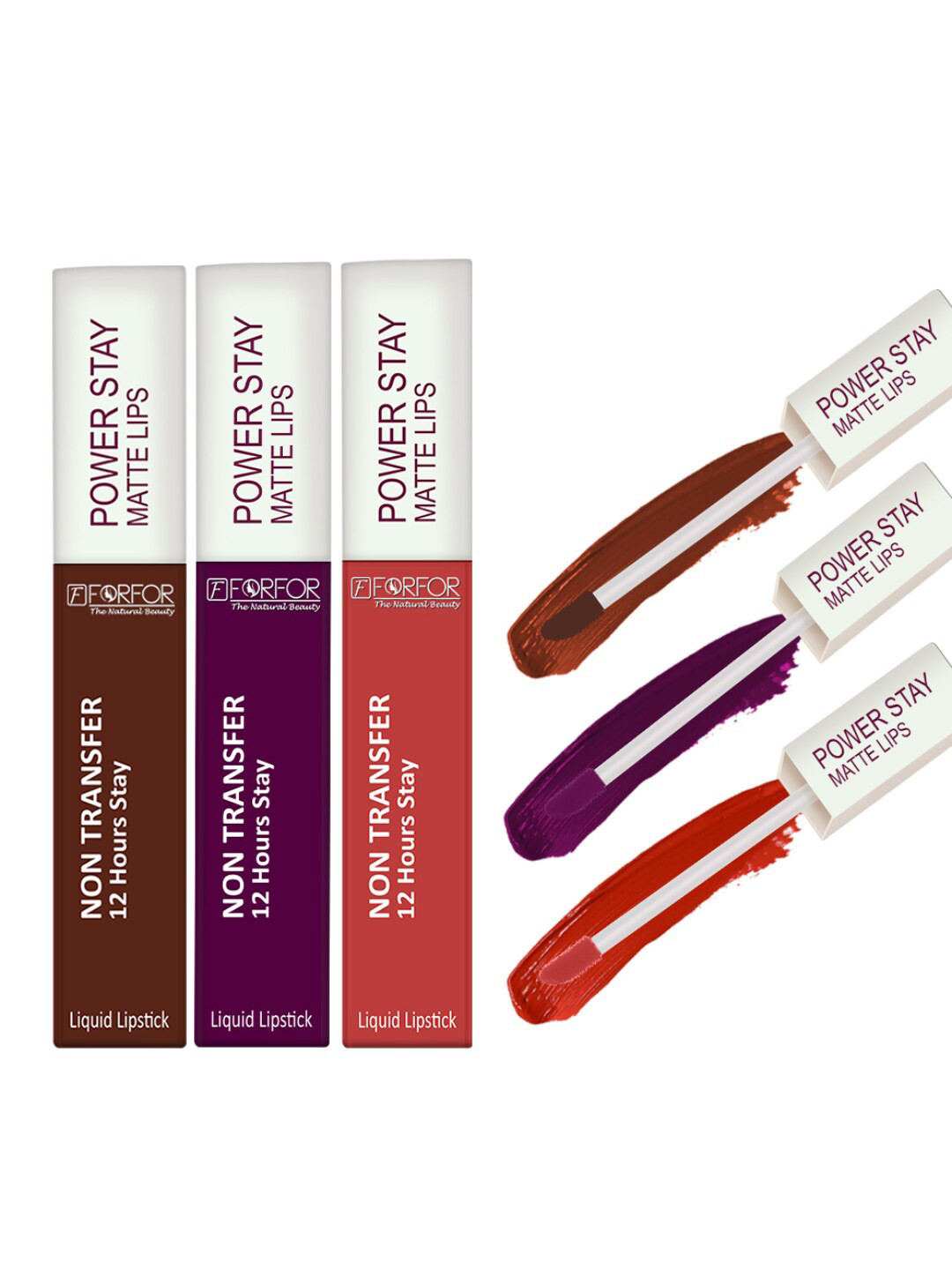 FORFOR Set Of 3 Power Stay Liquid Matte Lipsticks - Candy Red+Berry Wine+Cocoa Brown