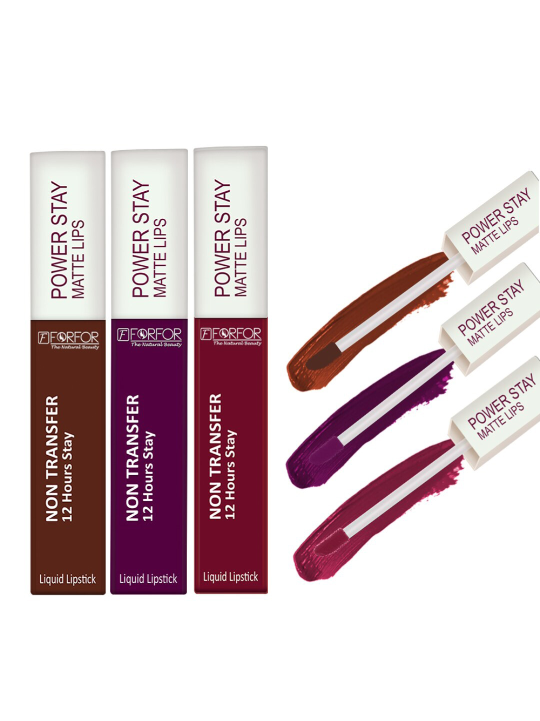 FORFOR Set Of 3 Power Stay Liquid Matte Lipsticks - BerryWine+BridalMaroon+CocoaBrown