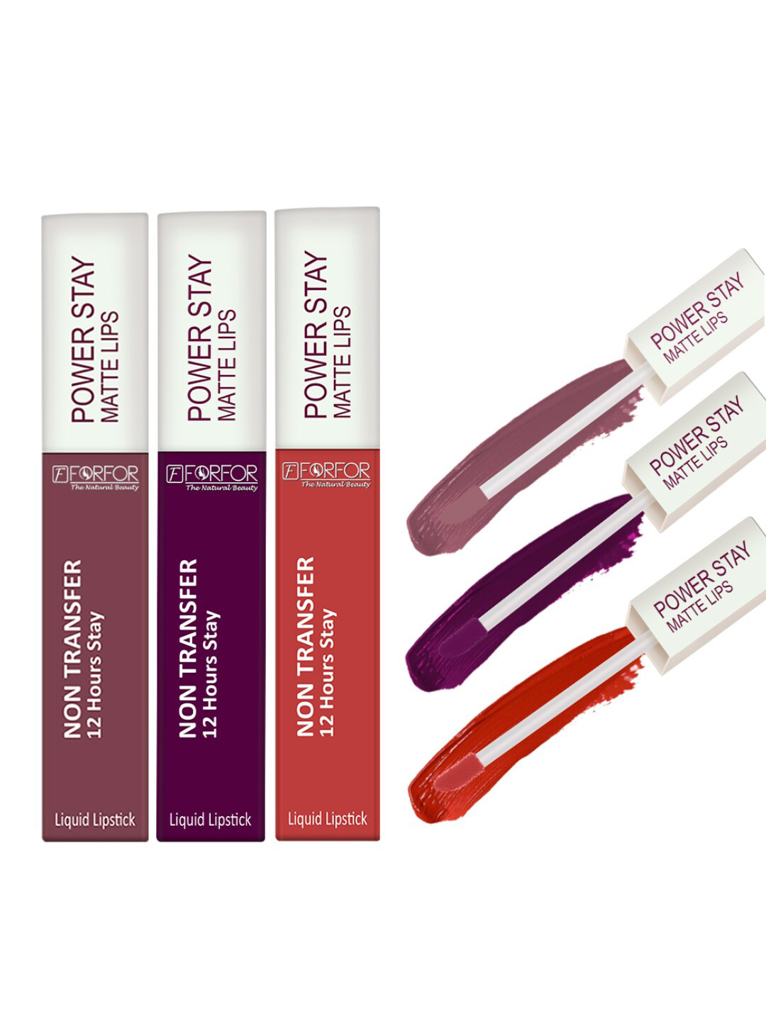 FORFOR Set Of 3 Power Stay Liquid Matte Lipsticks - Candy Red+Berry Wine+Mauve Matte