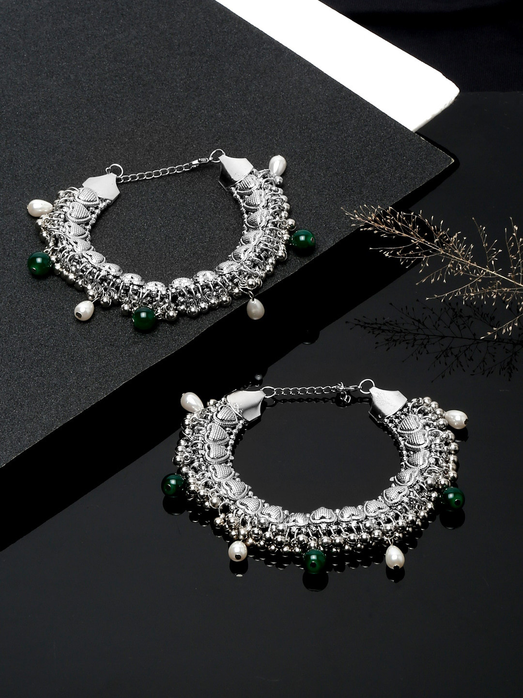 Anouk Silver-Plated Beaded Adjustable Anklets