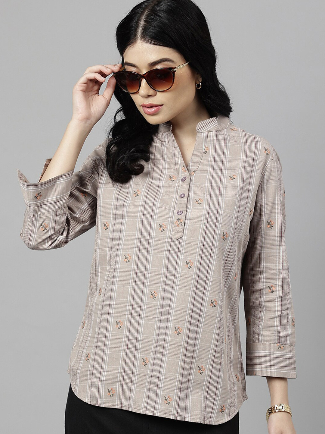 Hancock Checked With Floral printed Mandarin Collar Pure Cotton Formal Top