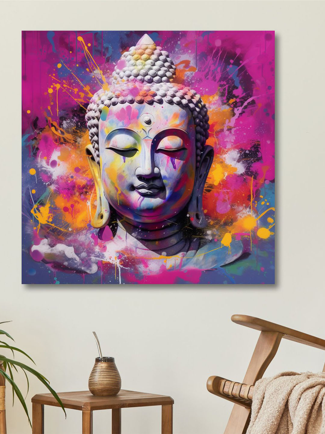 SAF Pink & Grey Wooden Framedlord Buddha Canvas Wall Art